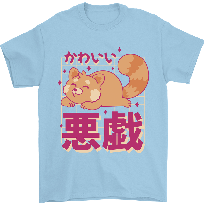 Kawaii Red Panda Japanese Cute Mens T-Shirt 100% Cotton Light Blue