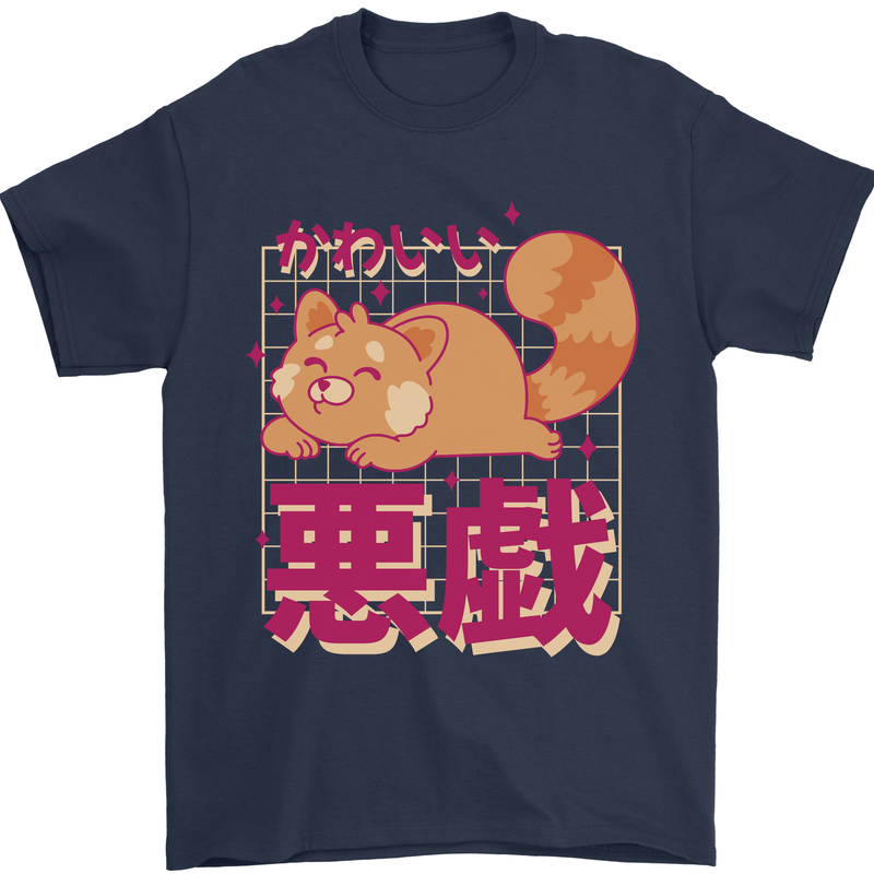 Kawaii Red Panda Japanese Cute Mens T-Shirt 100% Cotton Navy Blue