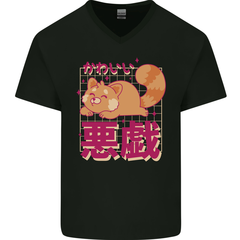 Kawaii Red Panda Japanese Cute Mens V-Neck Cotton T-Shirt Black