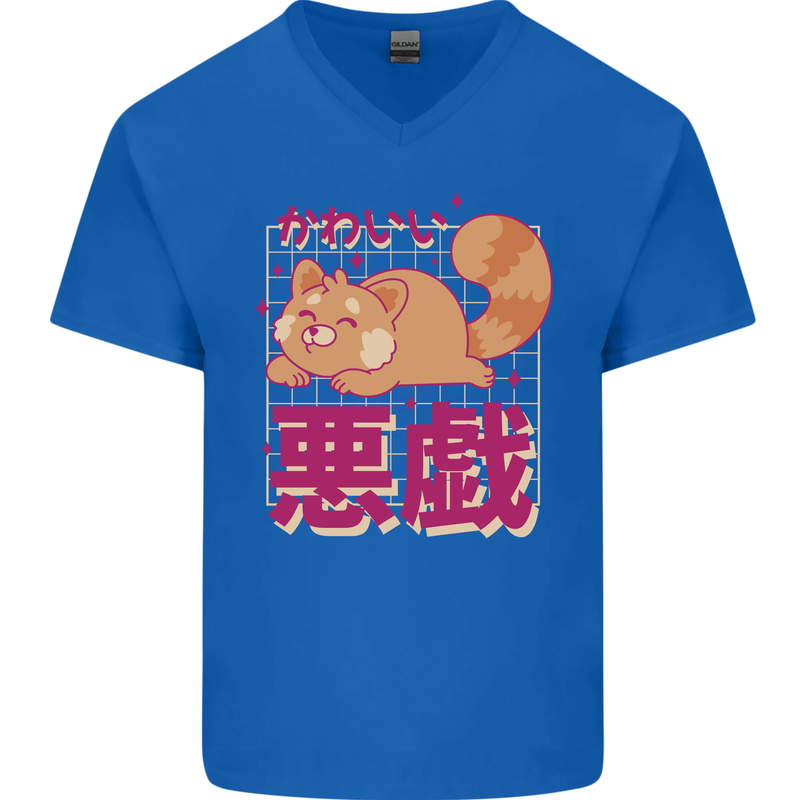 Kawaii Red Panda Japanese Cute Mens V-Neck Cotton T-Shirt Royal Blue
