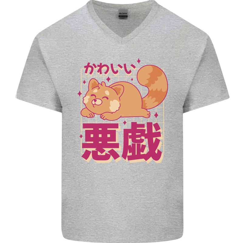 Kawaii Red Panda Japanese Cute Mens V-Neck Cotton T-Shirt Sports Grey