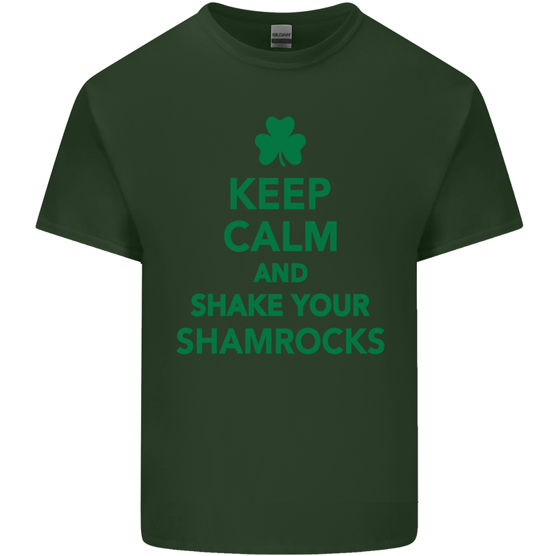 Keep Calm & Shamrocks St. Patrick's Day Mens Cotton T-Shirt Tee Top Forest Green
