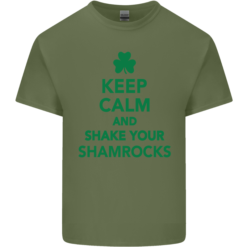 Keep Calm & Shamrocks St. Patrick's Day Mens Cotton T-Shirt Tee Top Military Green