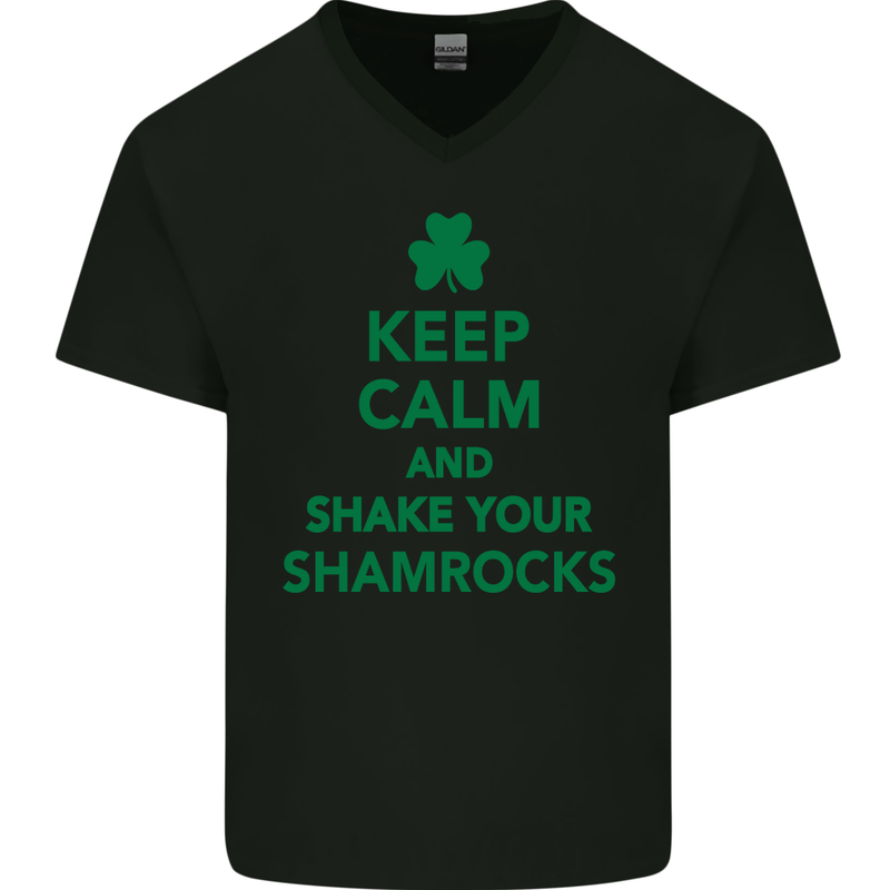 Keep Calm & Shamrocks St. Patrick's Day Mens V-Neck Cotton T-Shirt Black