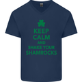 Keep Calm & Shamrocks St. Patrick's Day Mens V-Neck Cotton T-Shirt Navy Blue