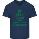 Keep Calm & Shamrocks St. Patrick's Day Mens V-Neck Cotton T-Shirt Navy Blue