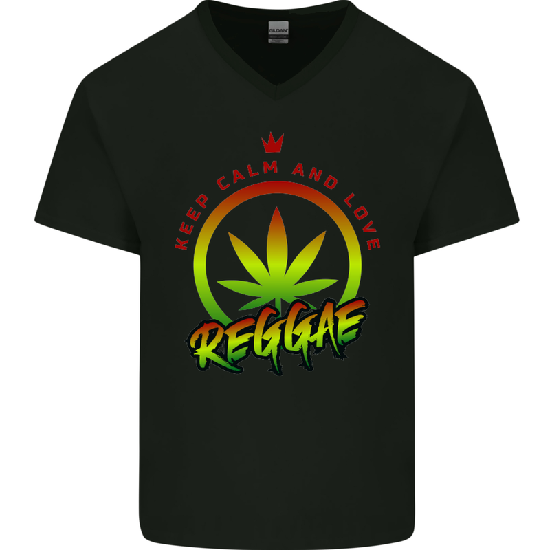 Keep Calm and Love Reggae Music Mens V-Neck Cotton T-Shirt Black