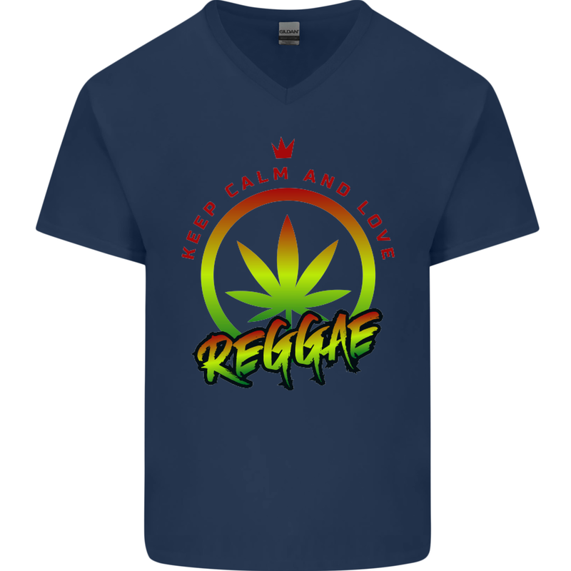Keep Calm and Love Reggae Music Mens V-Neck Cotton T-Shirt Navy Blue
