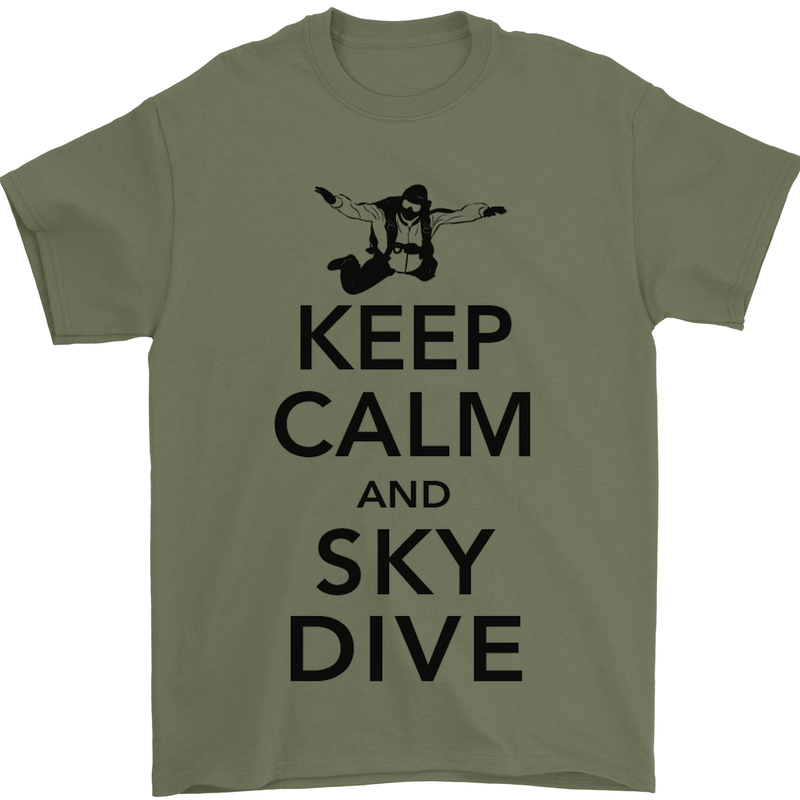Keep Calm and Skydive Funny Skydiving Mens T-Shirt Cotton Gildan Military Green