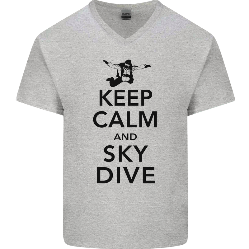Keep Calm and Skydive Funny Skydiving Mens V-Neck Cotton T-Shirt Sports Grey