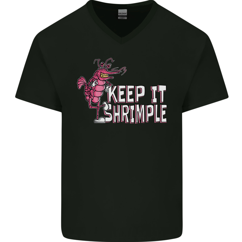 Keep It Shrimple Funny Shrimp Prawns Mens V-Neck Cotton T-Shirt Black