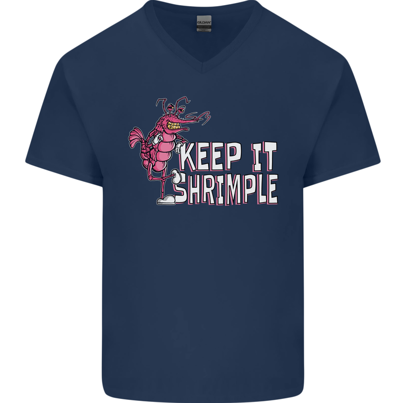 Keep It Shrimple Funny Shrimp Prawns Mens V-Neck Cotton T-Shirt Navy Blue