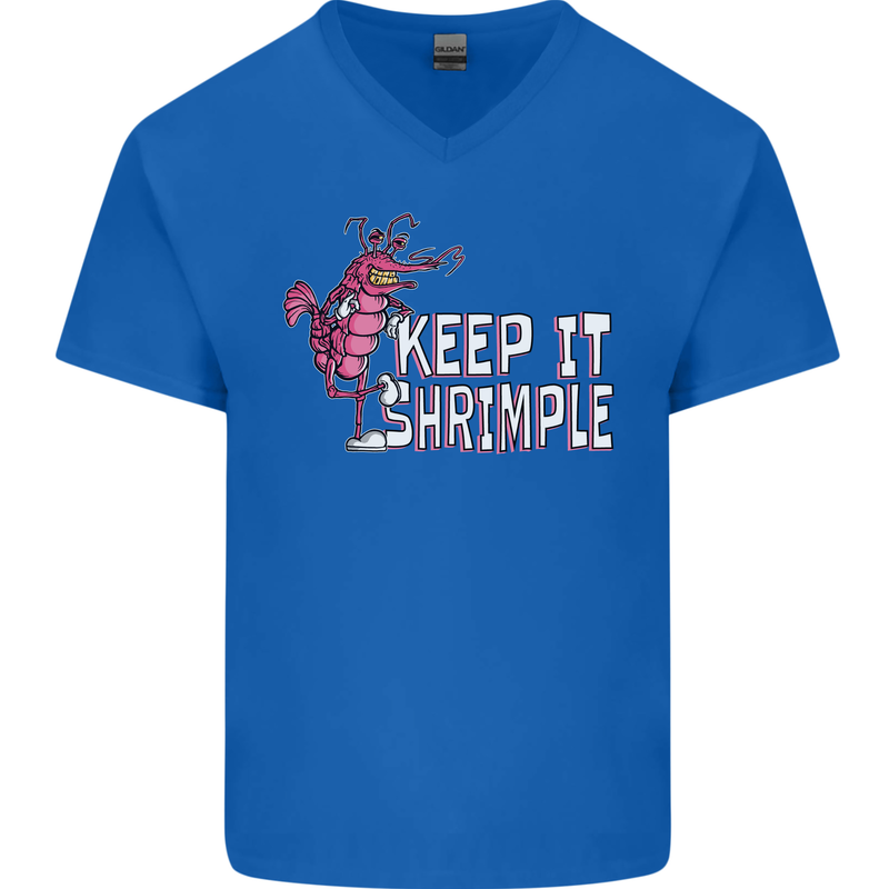 Keep It Shrimple Funny Shrimp Prawns Mens V-Neck Cotton T-Shirt Royal Blue