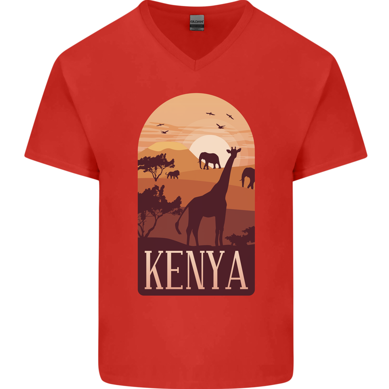Kenya Safari Mens V-Neck Cotton T-Shirt Red