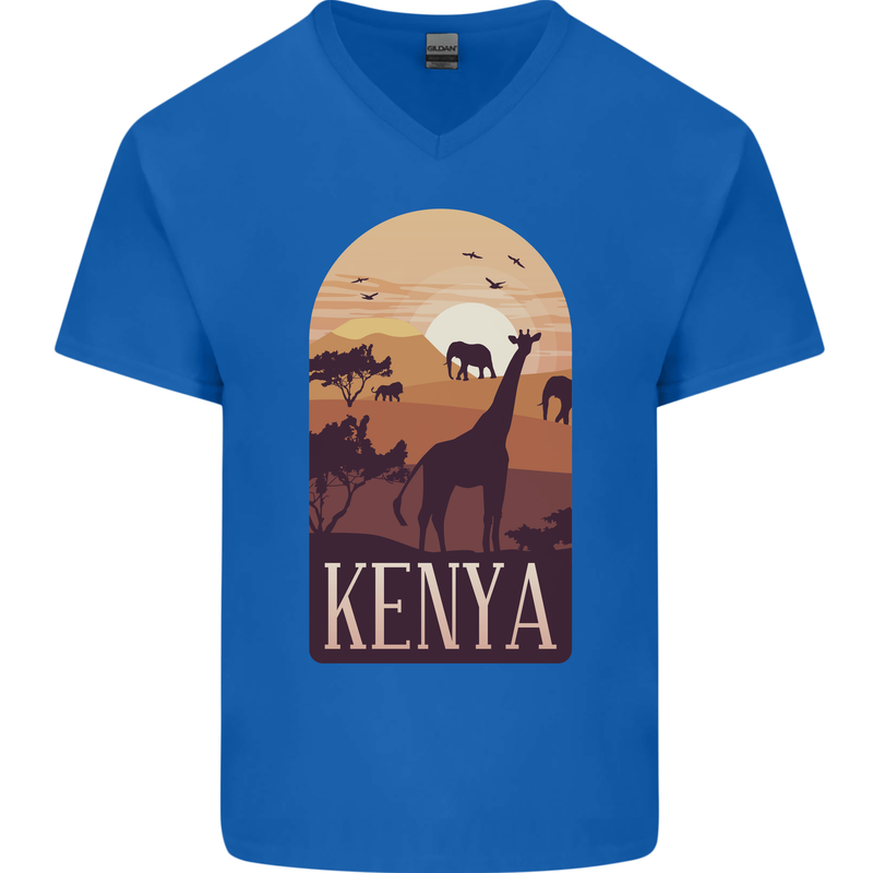Kenya Safari Mens V-Neck Cotton T-Shirt Royal Blue
