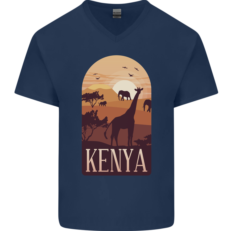 Kenya Safari Souvenir Mens V-Neck Cotton T-Shirt Navy Blue