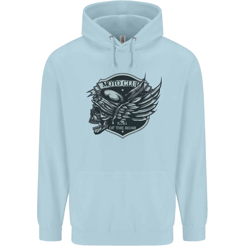 King of the Road Motorcycle Skull Biker Childrens Kids Hoodie Light Blue