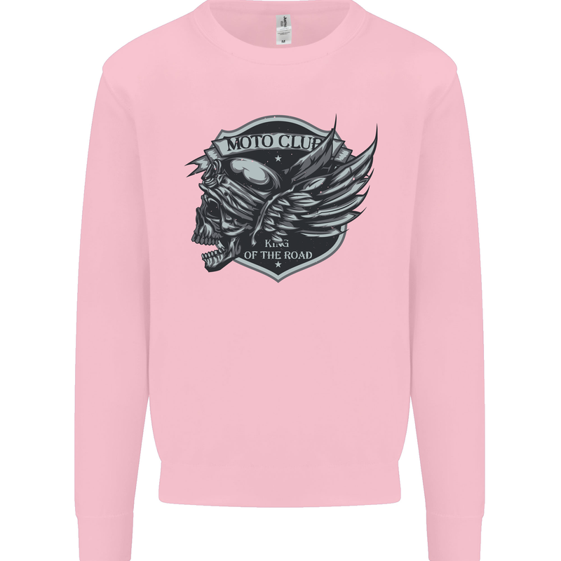 King of the Road Motorcycle Skull Biker Kids Sweatshirt Jumper Light Pink