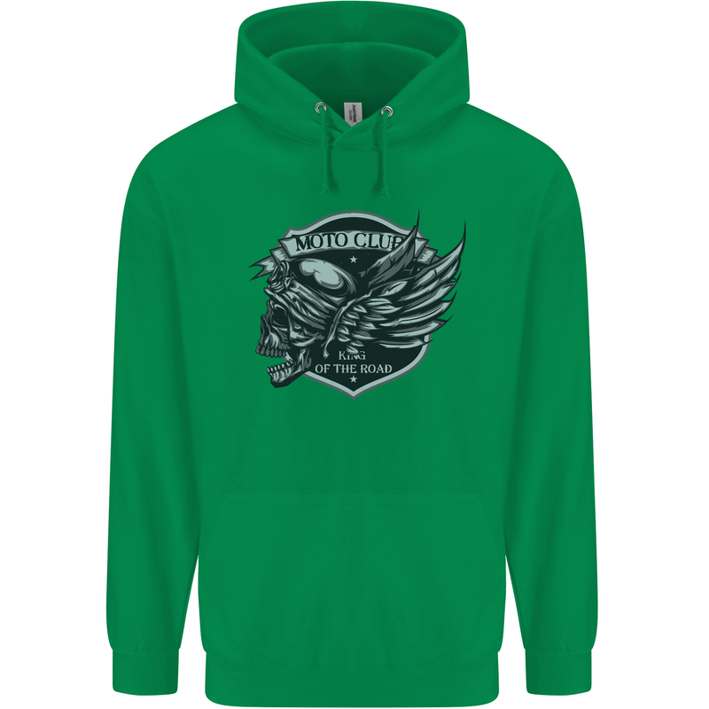 King of the Road Motorcycle Skull Biker Mens 80% Cotton Hoodie Irish Green