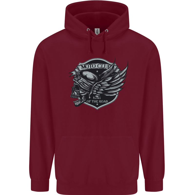 King of the Road Motorcycle Skull Biker Mens 80% Cotton Hoodie Maroon