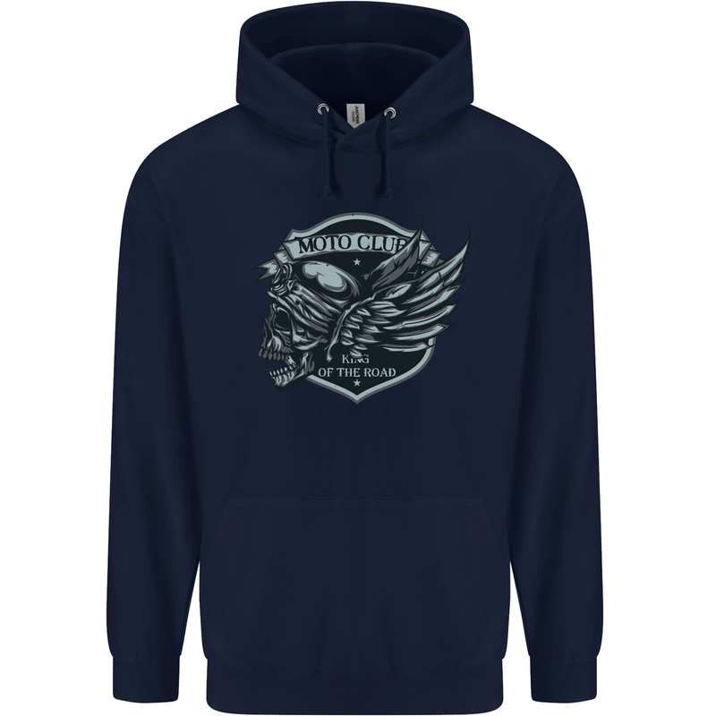 King of the Road Motorcycle Skull Biker Mens 80% Cotton Hoodie Navy Blue