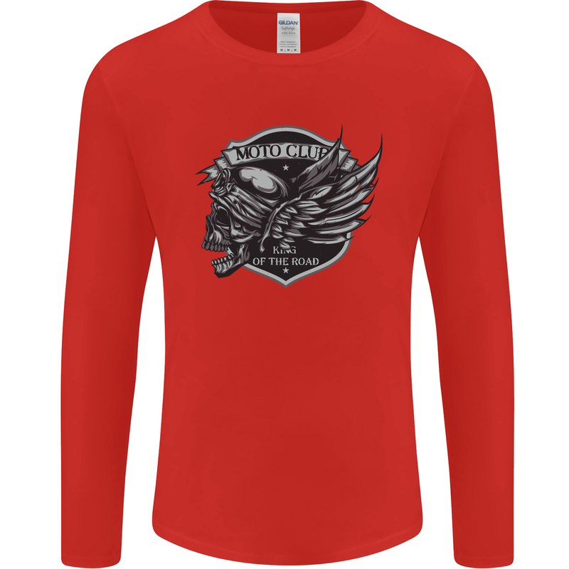 King of the Road Motorcycle Skull Biker Mens Long Sleeve T-Shirt Red