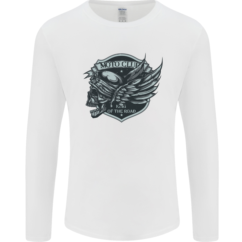 King of the Road Motorcycle Skull Biker Mens Long Sleeve T-Shirt White