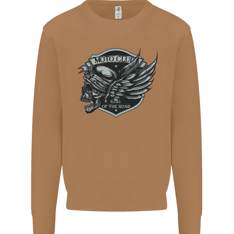 King of the Road Motorcycle Skull Biker Mens Sweatshirt Jumper Caramel Latte