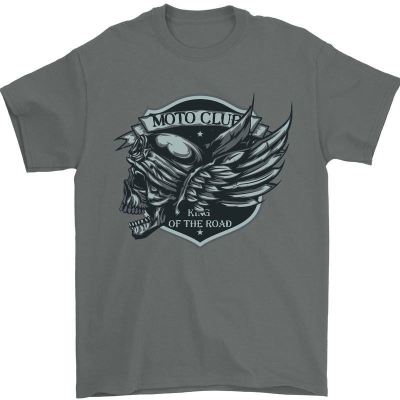 King of the Road Motorcycle Skull Biker Mens T-Shirt Cotton Gildan Charcoal