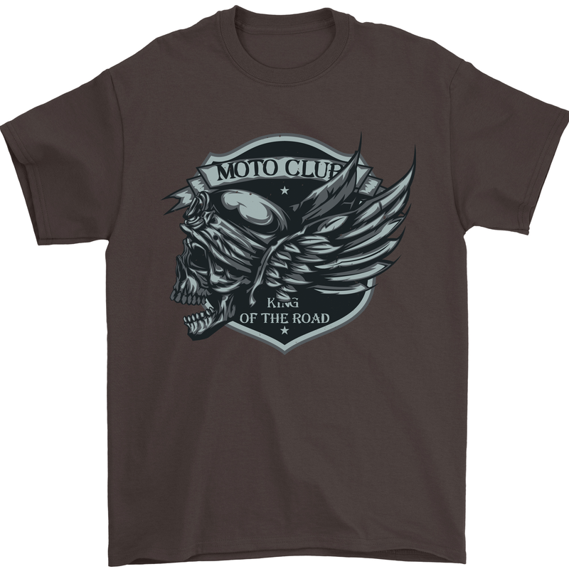 King of the Road Motorcycle Skull Biker Mens T-Shirt Cotton Gildan Dark Chocolate