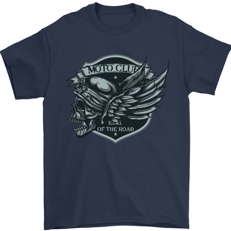 King of the Road Motorcycle Skull Biker Mens T-Shirt Cotton Gildan Navy Blue