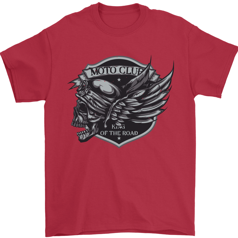 King of the Road Motorcycle Skull Biker Mens T-Shirt Cotton Gildan Red
