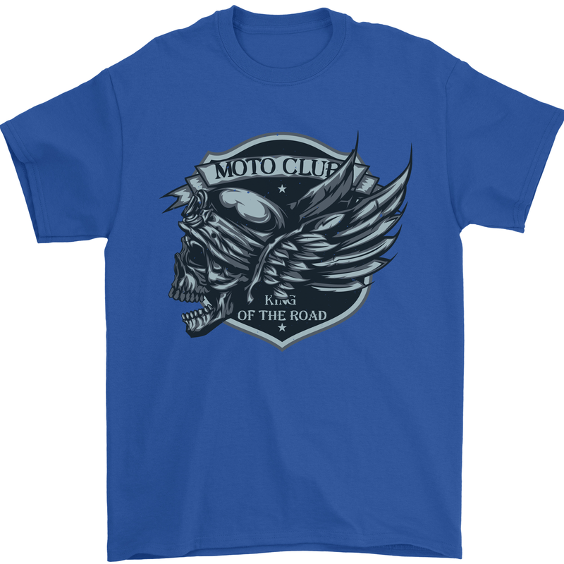 King of the Road Motorcycle Skull Biker Mens T-Shirt Cotton Gildan Royal Blue