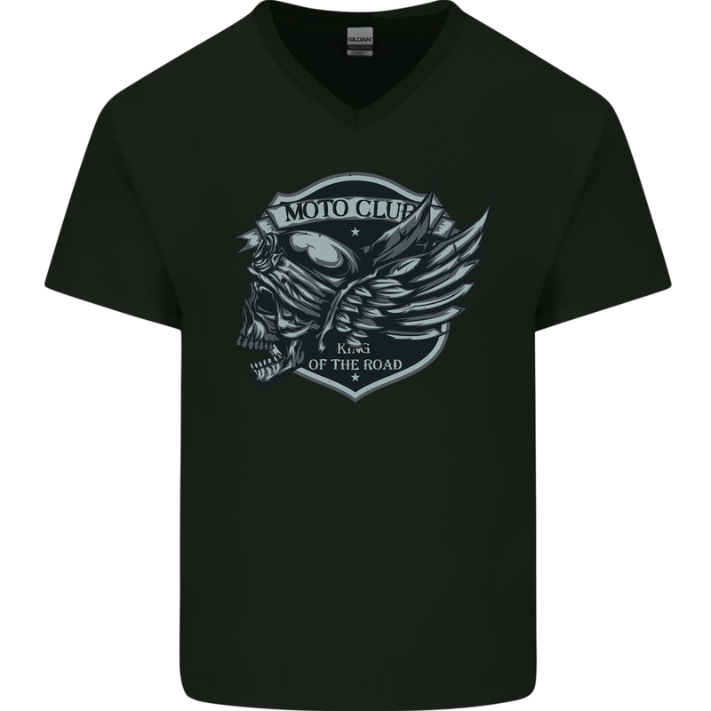 King of the Road Motorcycle Skull Biker Mens V-Neck Cotton T-Shirt Black