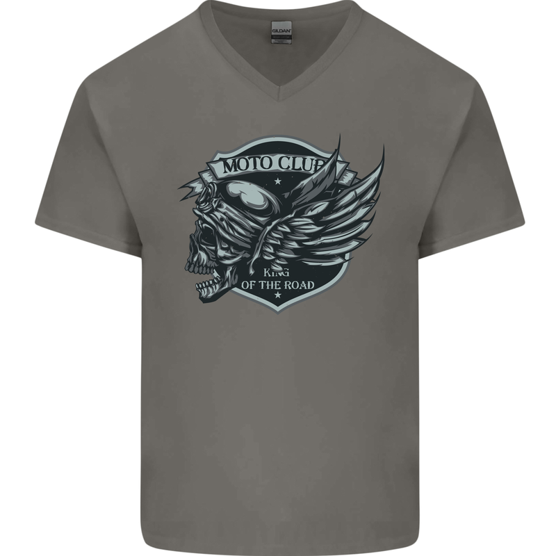 King of the Road Motorcycle Skull Biker Mens V-Neck Cotton T-Shirt Charcoal
