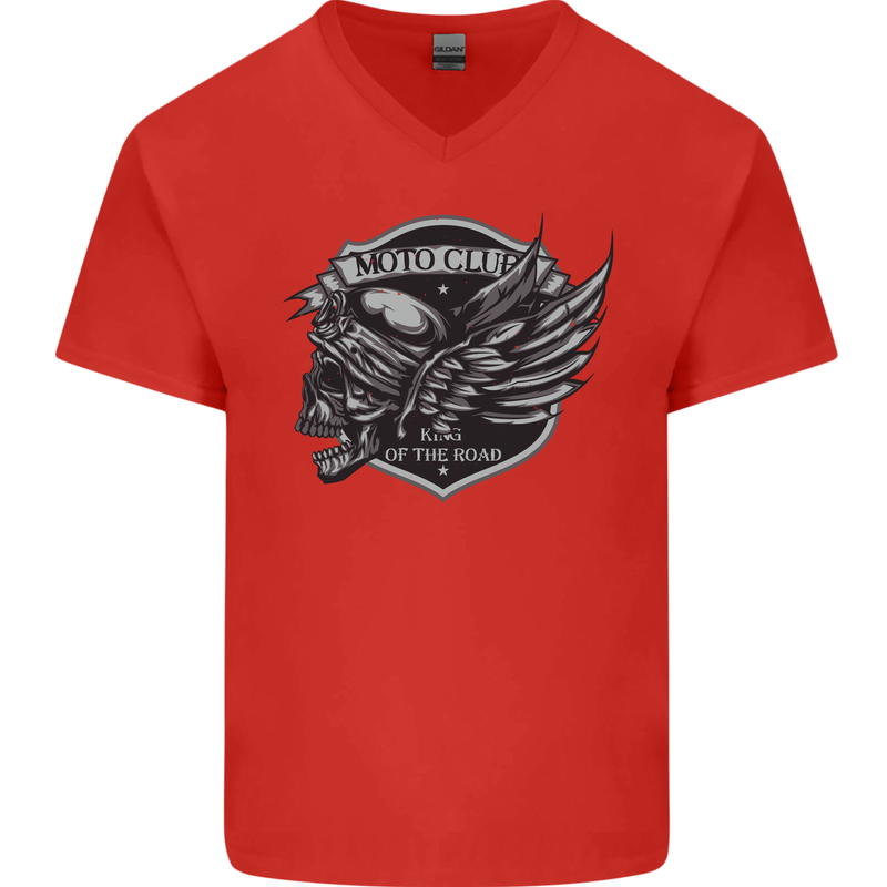 King of the Road Motorcycle Skull Biker Mens V-Neck Cotton T-Shirt Red