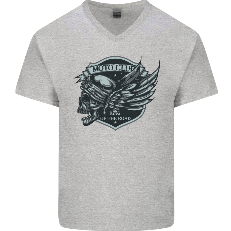 King of the Road Motorcycle Skull Biker Mens V-Neck Cotton T-Shirt Sports Grey