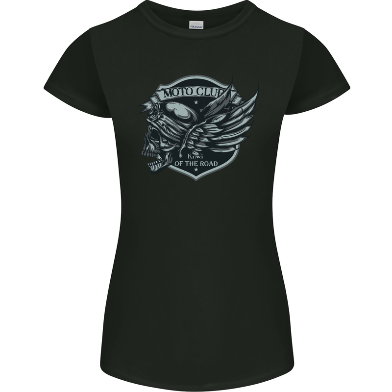 King of the Road Motorcycle Skull Biker Womens Petite Cut T-Shirt Black