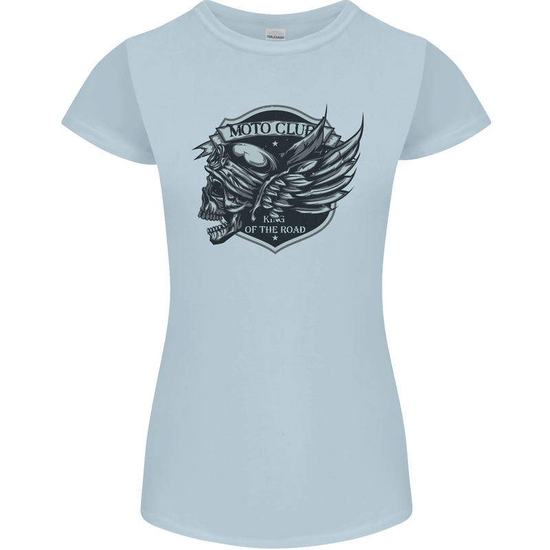 King of the Road Motorcycle Skull Biker Womens Petite Cut T-Shirt Light Blue