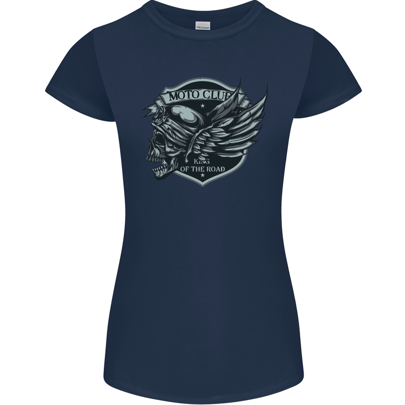 King of the Road Motorcycle Skull Biker Womens Petite Cut T-Shirt Navy Blue