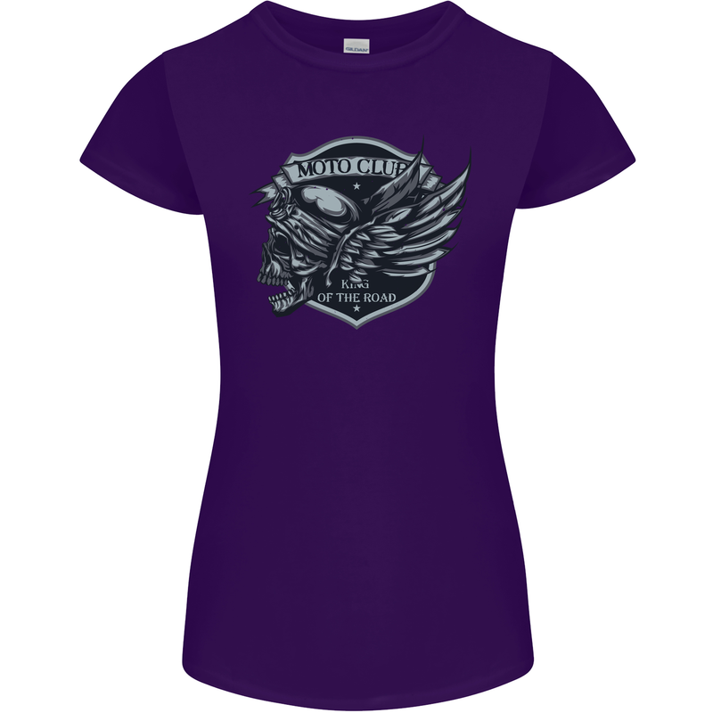 King of the Road Motorcycle Skull Biker Womens Petite Cut T-Shirt Purple