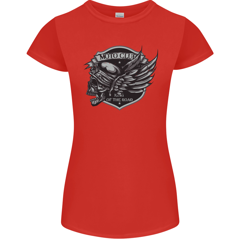 King of the Road Motorcycle Skull Biker Womens Petite Cut T-Shirt Red