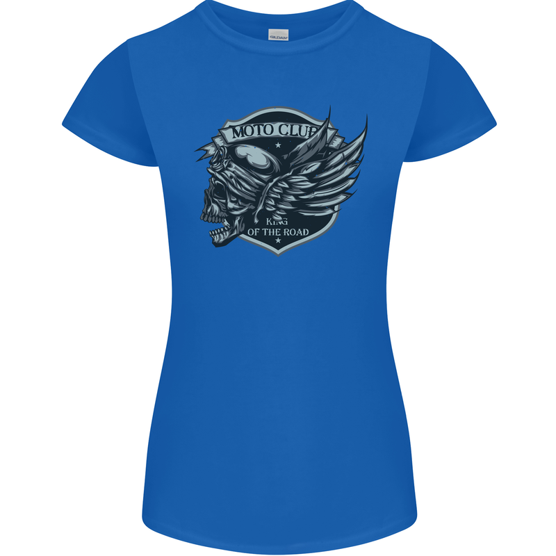 King of the Road Motorcycle Skull Biker Womens Petite Cut T-Shirt Royal Blue