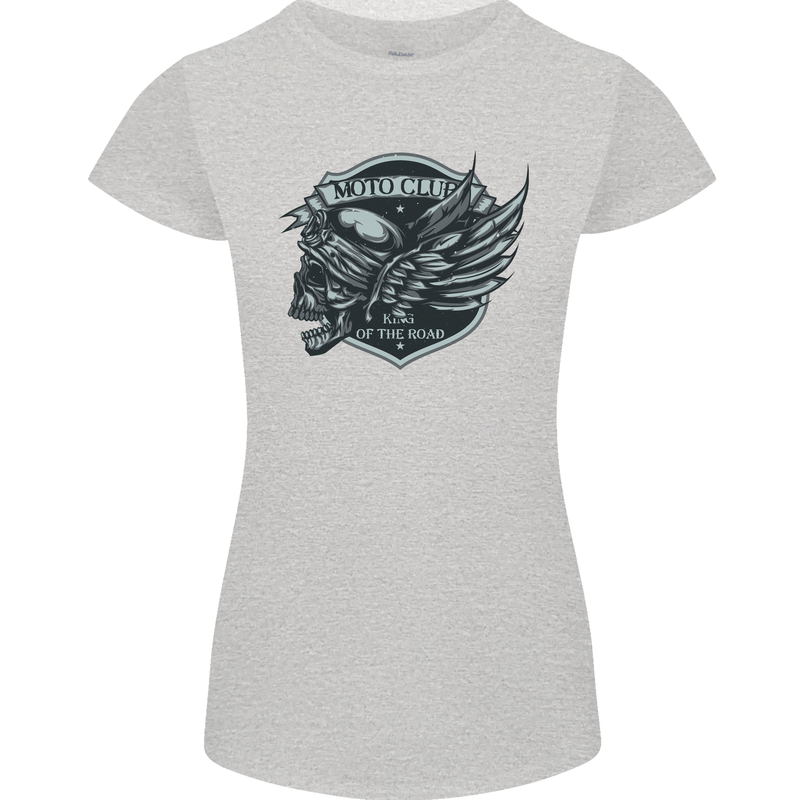 King of the Road Motorcycle Skull Biker Womens Petite Cut T-Shirt Sports Grey