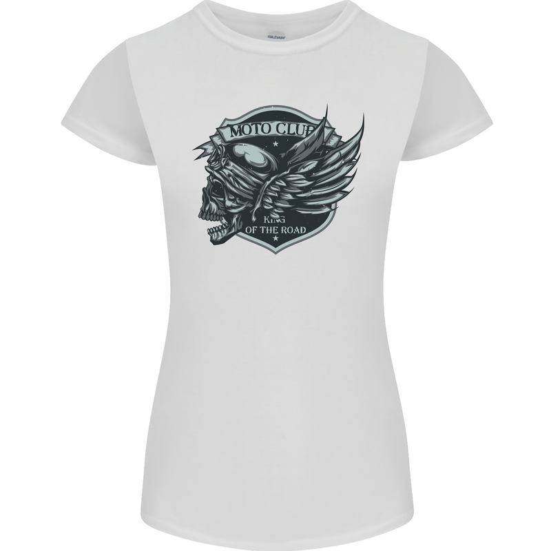 King of the Road Motorcycle Skull Biker Womens Petite Cut T-Shirt White
