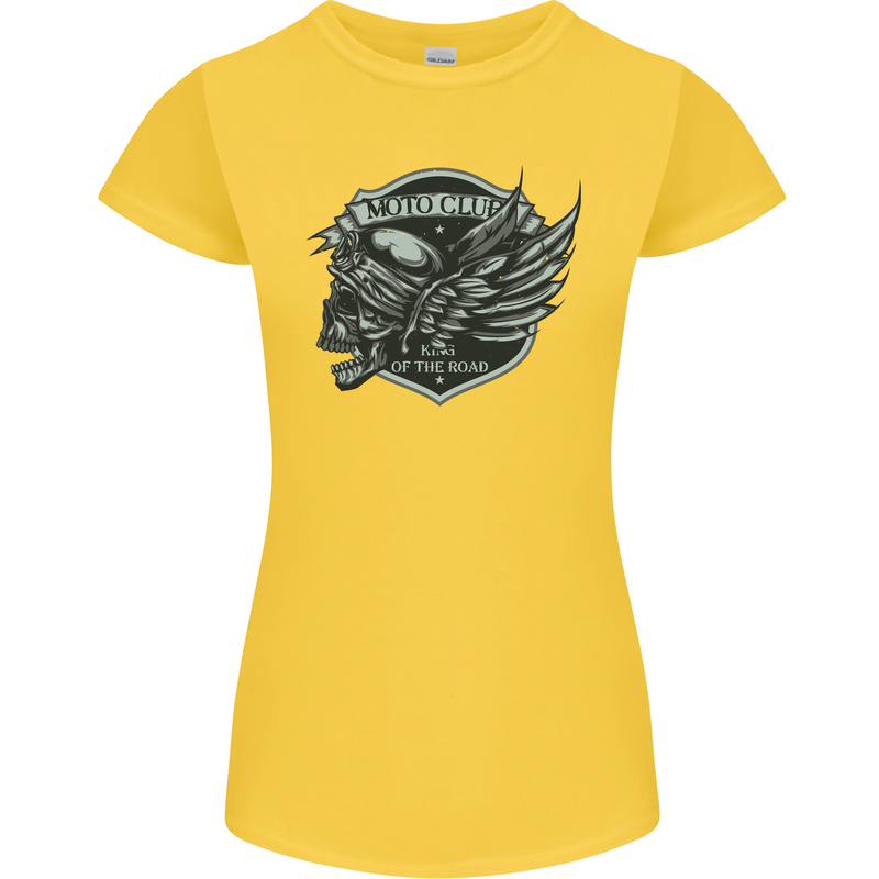 King of the Road Motorcycle Skull Biker Womens Petite Cut T-Shirt Yellow