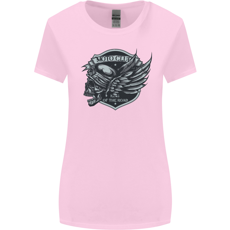 King of the Road Motorcycle Skull Biker Womens Wider Cut T-Shirt Light Pink