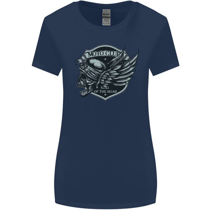 King of the Road Motorcycle Skull Biker Womens Wider Cut T-Shirt Navy Blue