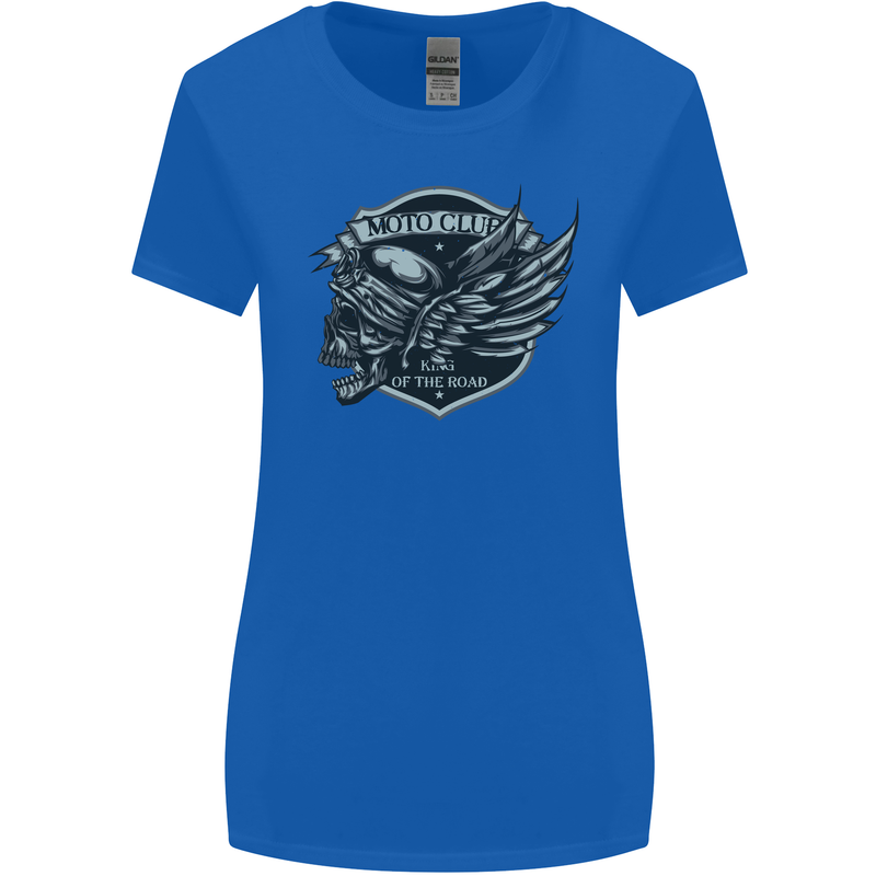 King of the Road Motorcycle Skull Biker Womens Wider Cut T-Shirt Royal Blue