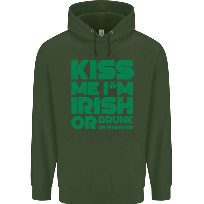 Kiss Me I'm Irish or Drunk St Patricks Day Childrens Kids Hoodie Forest Green